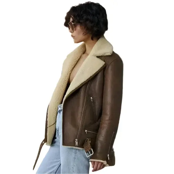 Brown Sheepskin Shearling Coat Aviator Jacket Women