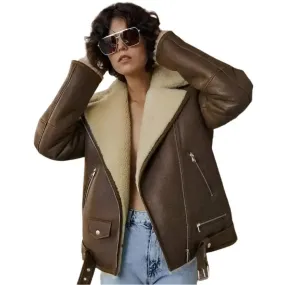 Brown Sheepskin Shearling Coat Aviator Jacket Women