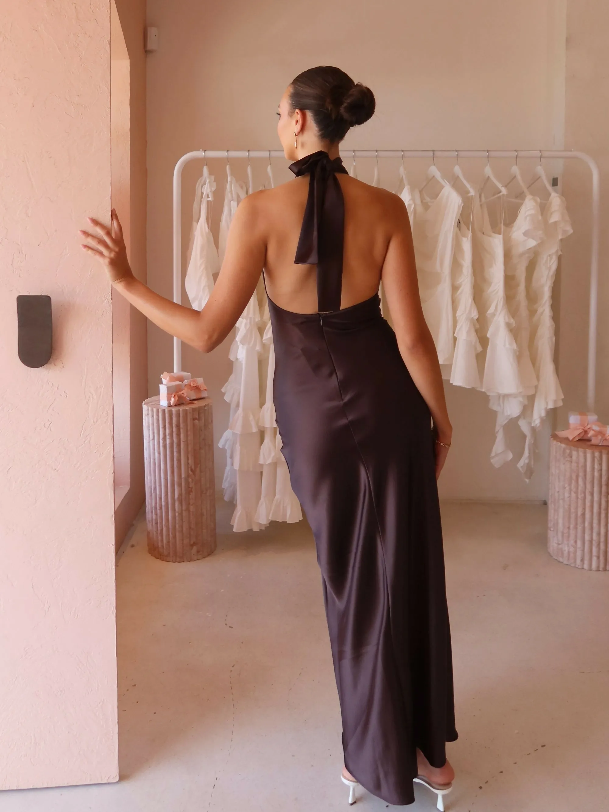 By Nicola Mia Tie Neck Dress in Chocolate