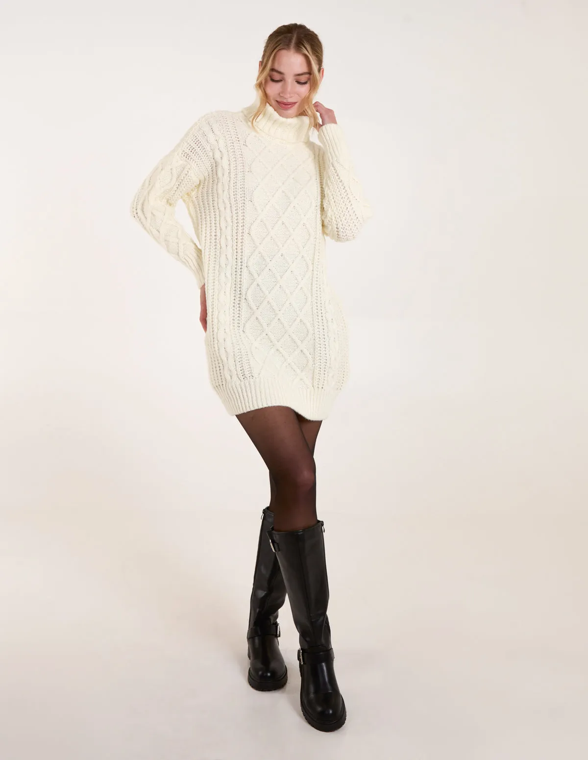 Cable Knit Roll Neck Jumper Dress