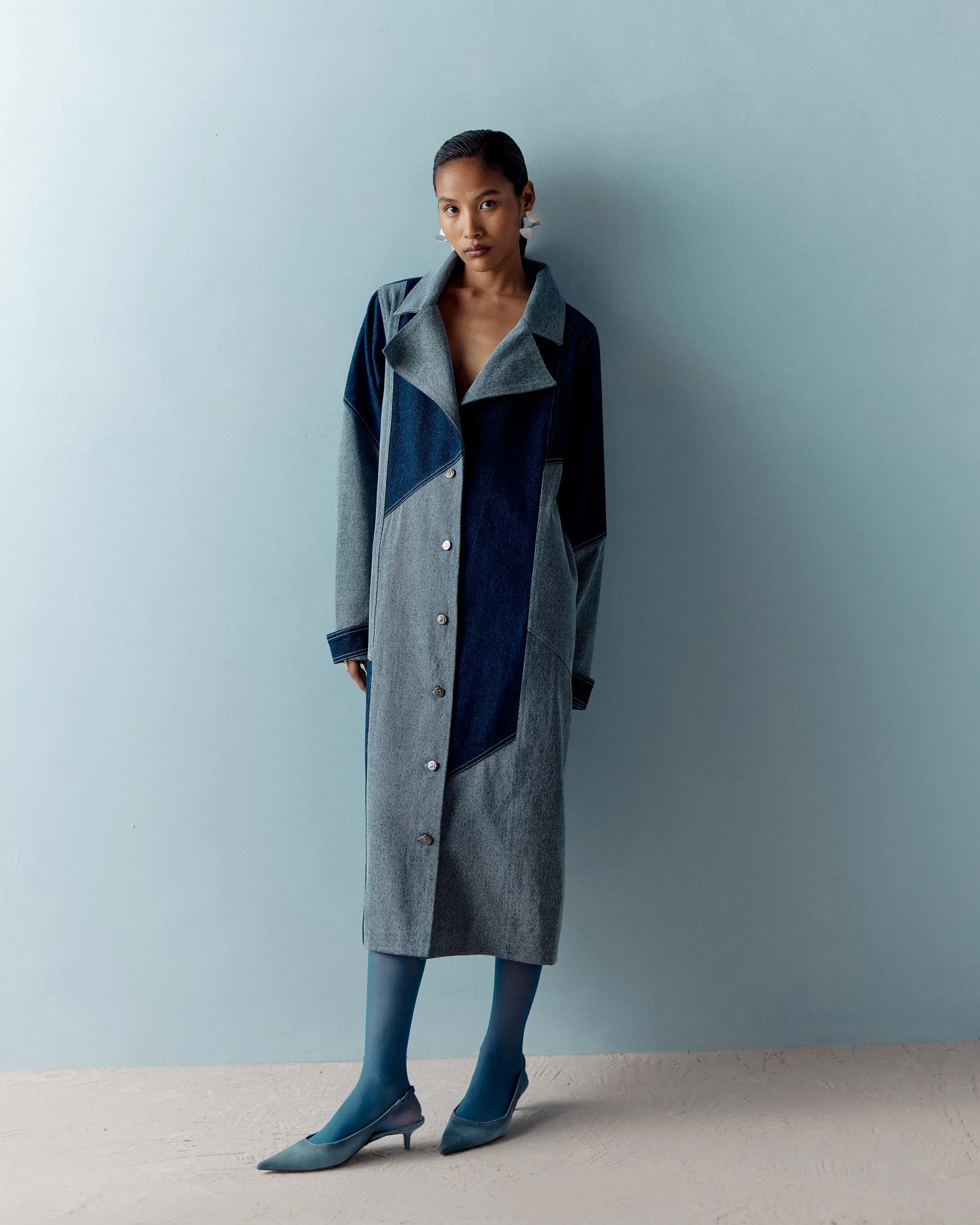 DENIM COLOR BLOCK TRENCH