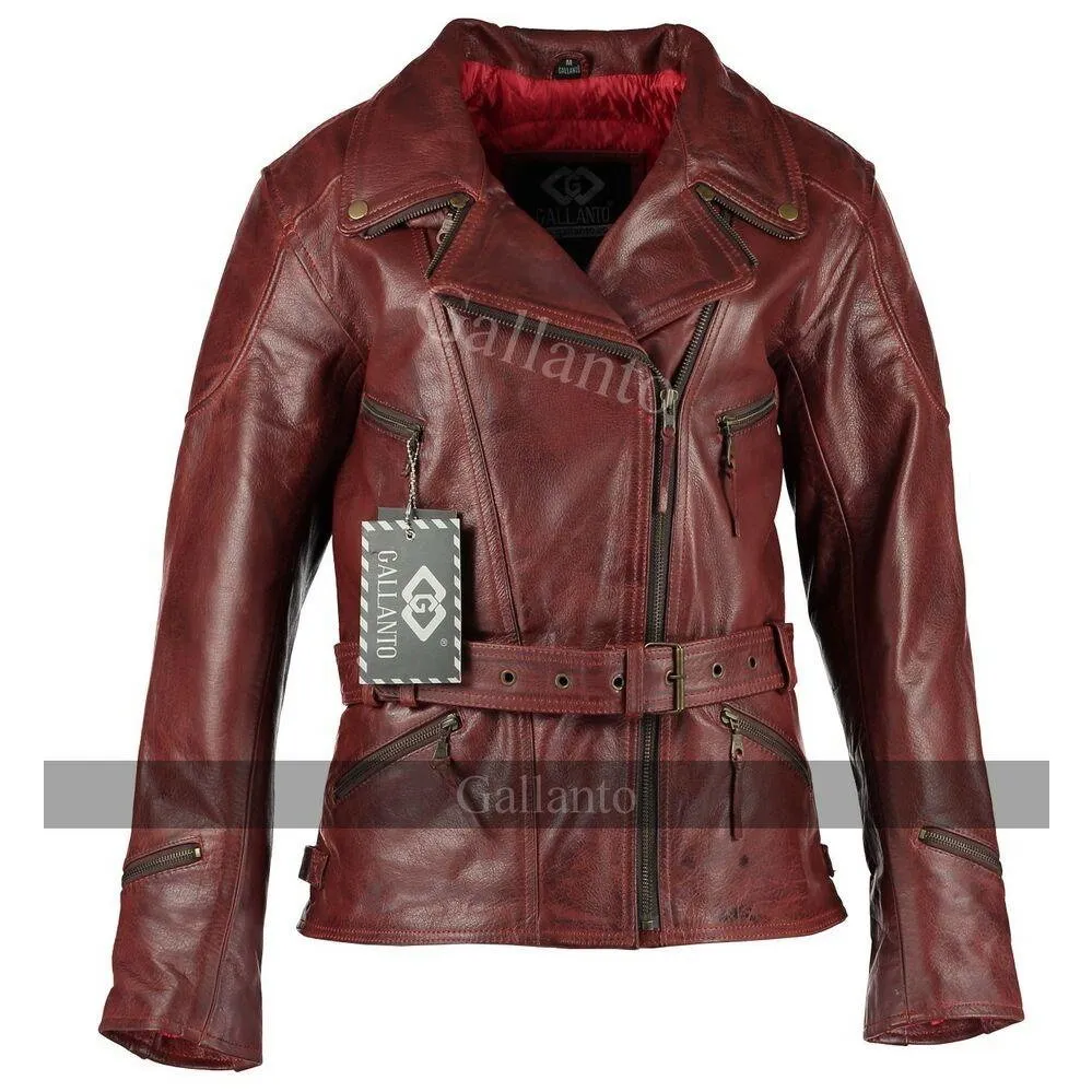 Distressed Red Demi Womens 3/4 Biker Leather Jacket