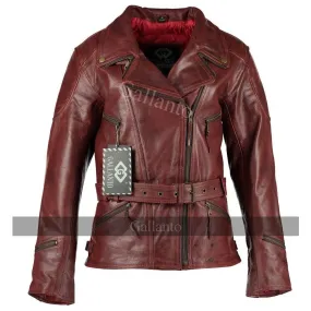 Distressed Red Demi Womens 3/4 Biker Leather Jacket