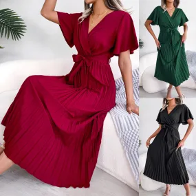 Elegant Cross V-neck Basic Model Swing Pleated Maxi Women's Dress
