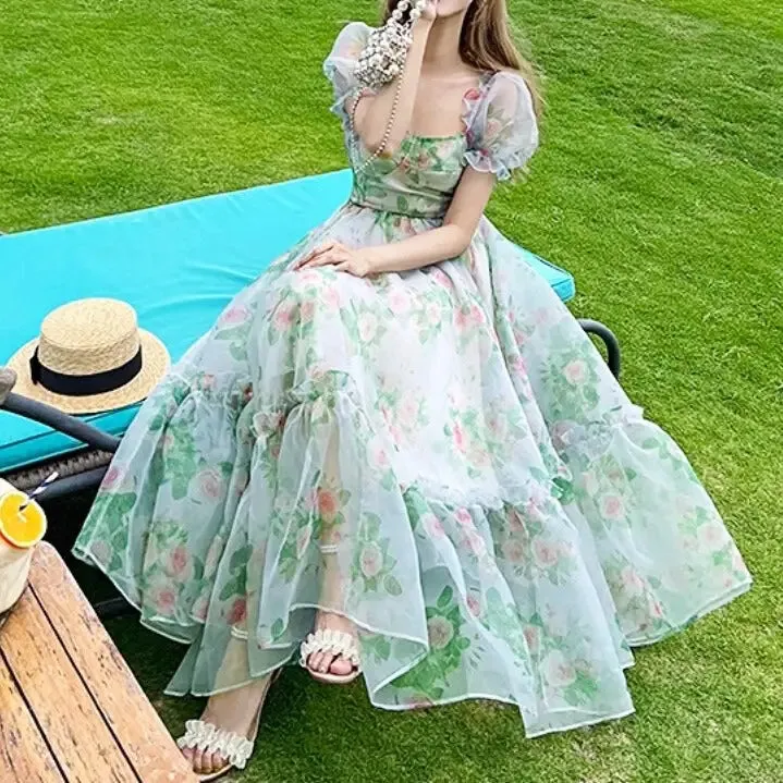 Elegant Floral Midi Puff Sleeve Dress