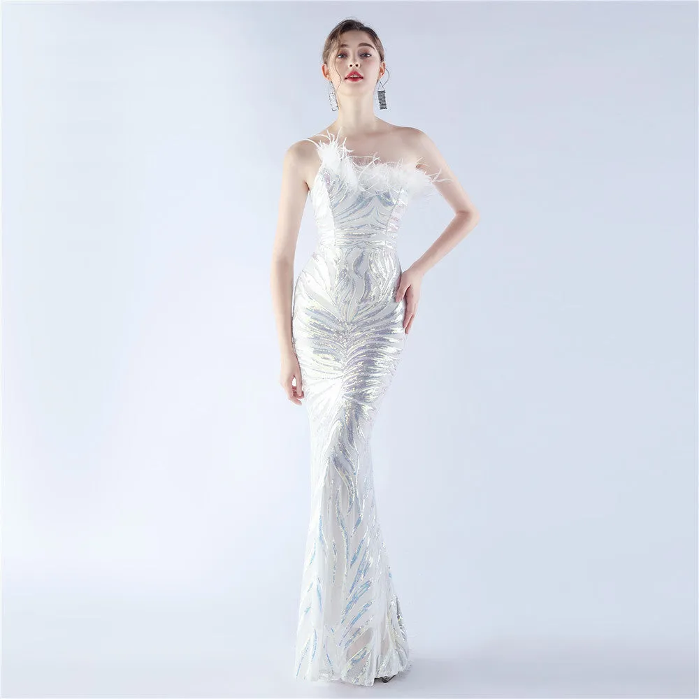 Elegant Floral Sequin Feather One Shoulder Evening Dress