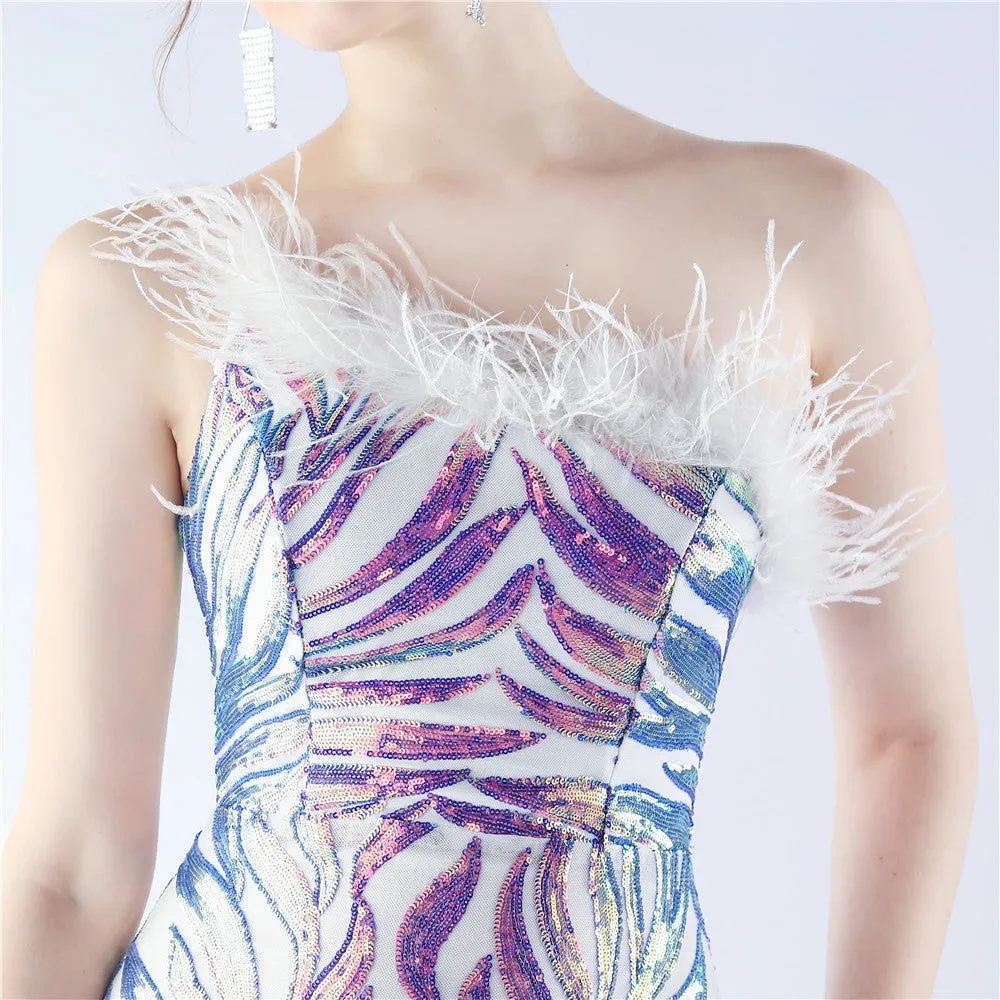 Elegant Floral Sequin Feather One Shoulder Evening Dress