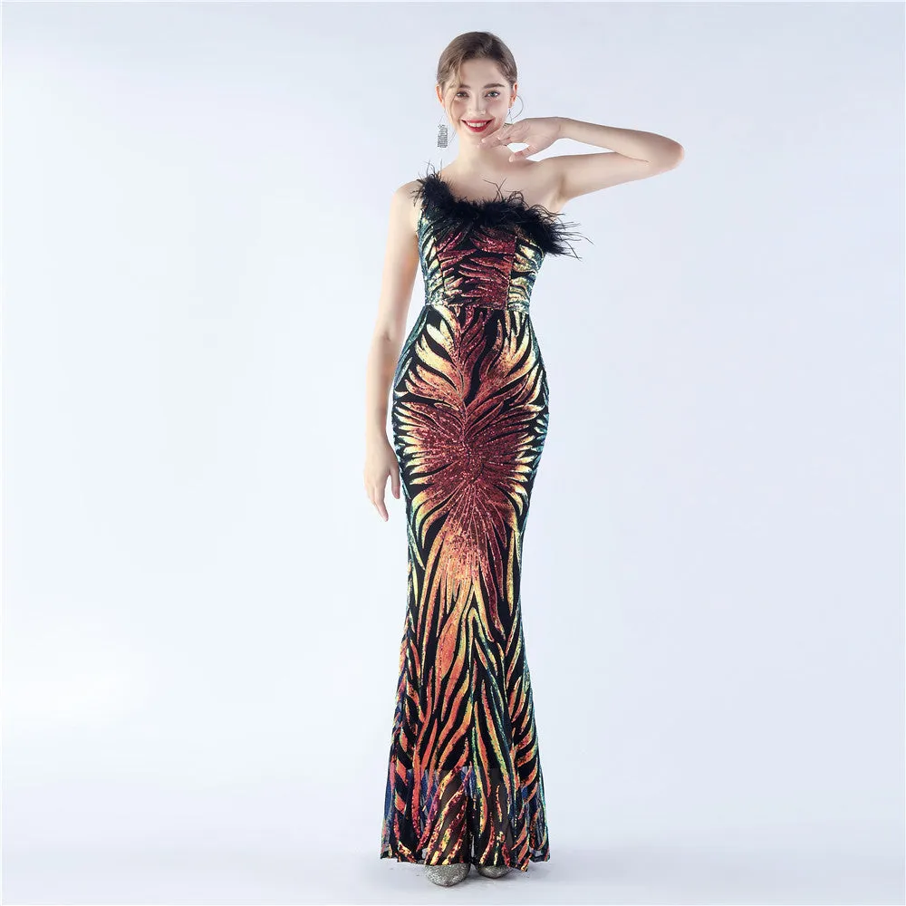 Elegant Floral Sequin Feather One Shoulder Evening Dress