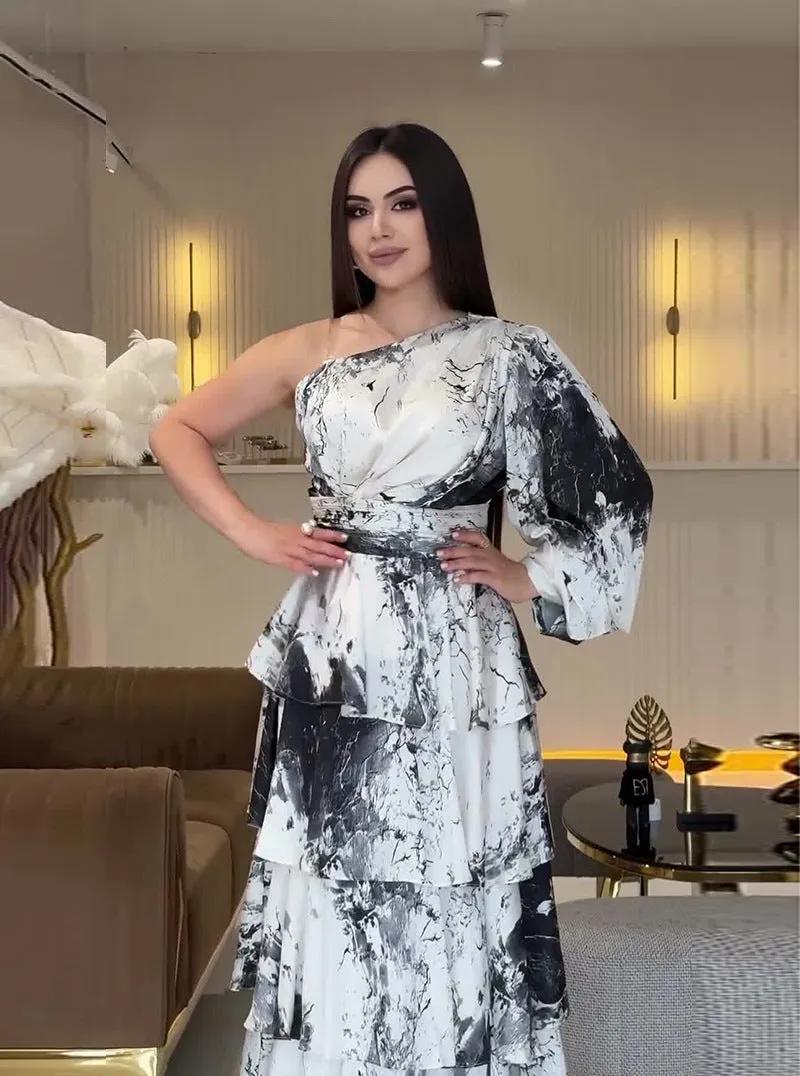 Elegant Printed Long Sleeve Flared Sleeves Formal Dress
