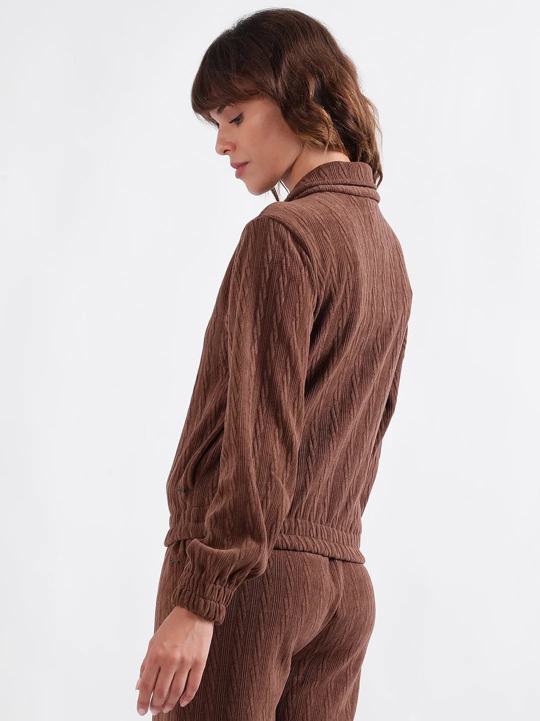 Elle Women Brown Self-Design Spread Collar Full Sleeves Zip Through Hoodie