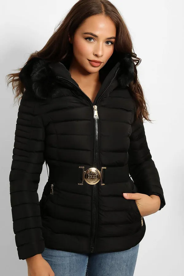 FAUX FUR HOODED BLACK PADDED JACKET WITH ELASTIC BUCKLE BELT