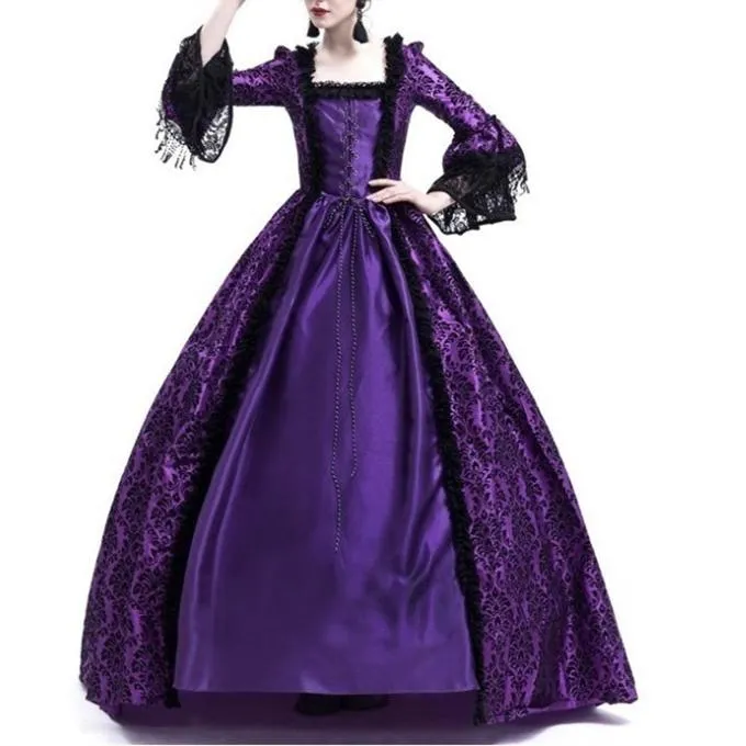 Female's Vintage Medieval Trumpet Sleeves Court Dress | Lace Patchwork Large Swing Maxi Dress