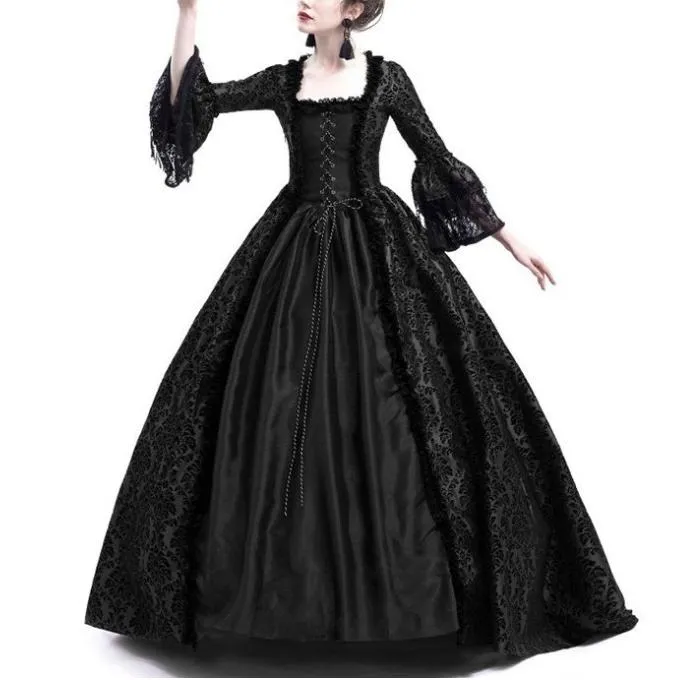 Female's Vintage Medieval Trumpet Sleeves Court Dress | Lace Patchwork Large Swing Maxi Dress