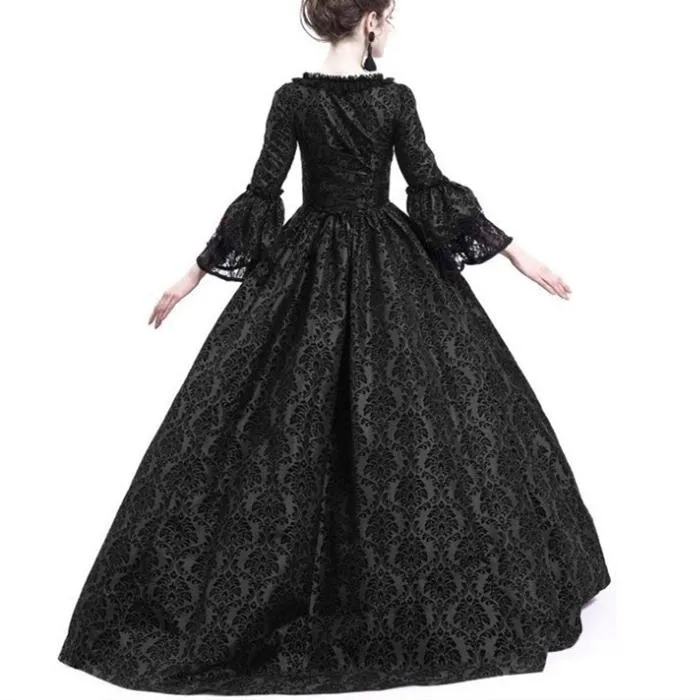 Female's Vintage Medieval Trumpet Sleeves Court Dress | Lace Patchwork Large Swing Maxi Dress