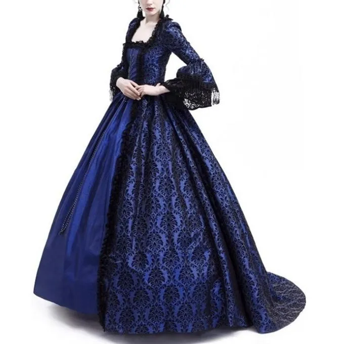 Female's Vintage Medieval Trumpet Sleeves Court Dress | Lace Patchwork Large Swing Maxi Dress