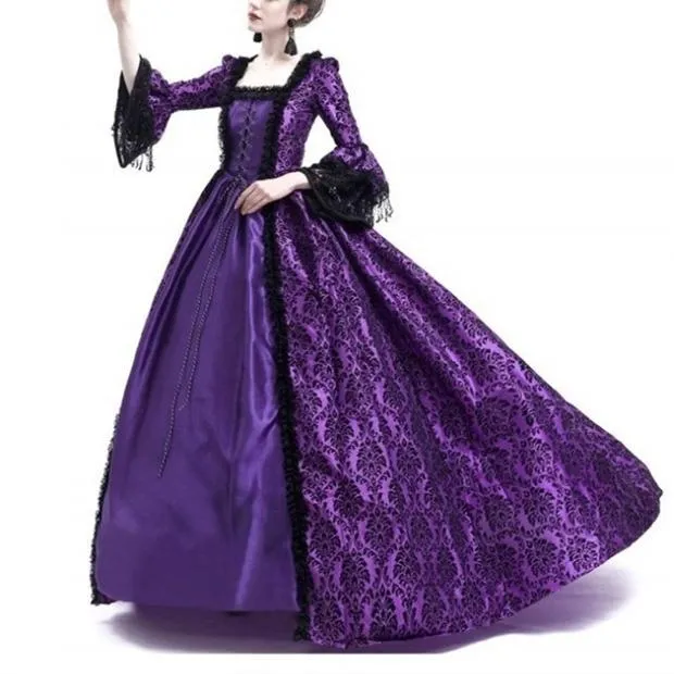 Female's Vintage Medieval Trumpet Sleeves Court Dress | Lace Patchwork Large Swing Maxi Dress