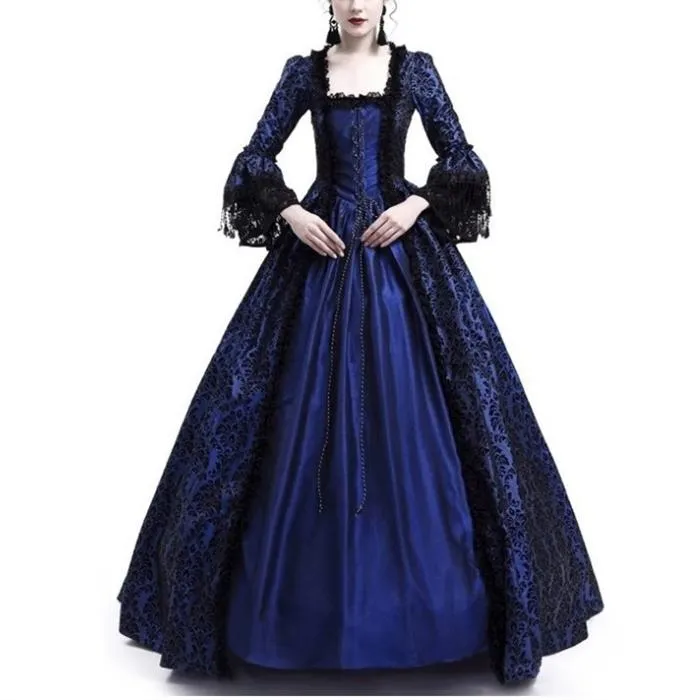 Female's Vintage Medieval Trumpet Sleeves Court Dress | Lace Patchwork Large Swing Maxi Dress