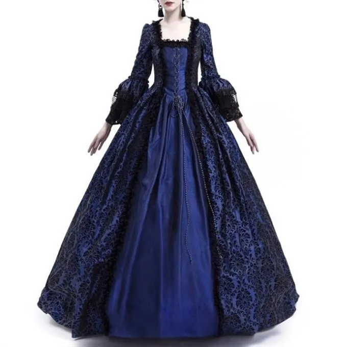 Female's Vintage Medieval Trumpet Sleeves Court Dress | Lace Patchwork Large Swing Maxi Dress