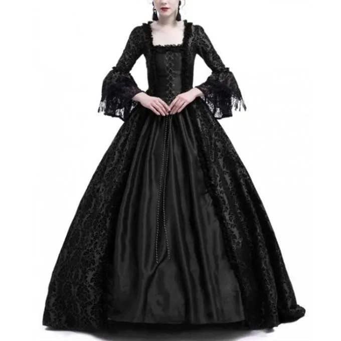 Female's Vintage Medieval Trumpet Sleeves Court Dress | Lace Patchwork Large Swing Maxi Dress