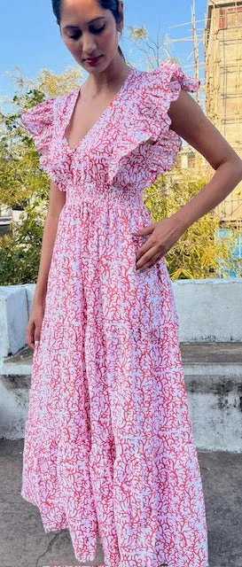 Floral summer maxi dress, cotton beach dress, cap sleeve cotton summer dress with pockets, Coralie