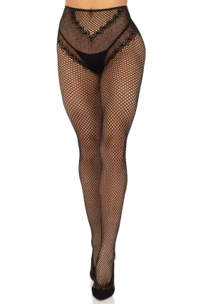 French Cut Crotchless Fishnet Tights, Heart Backseam, Faux Lace-Up Back