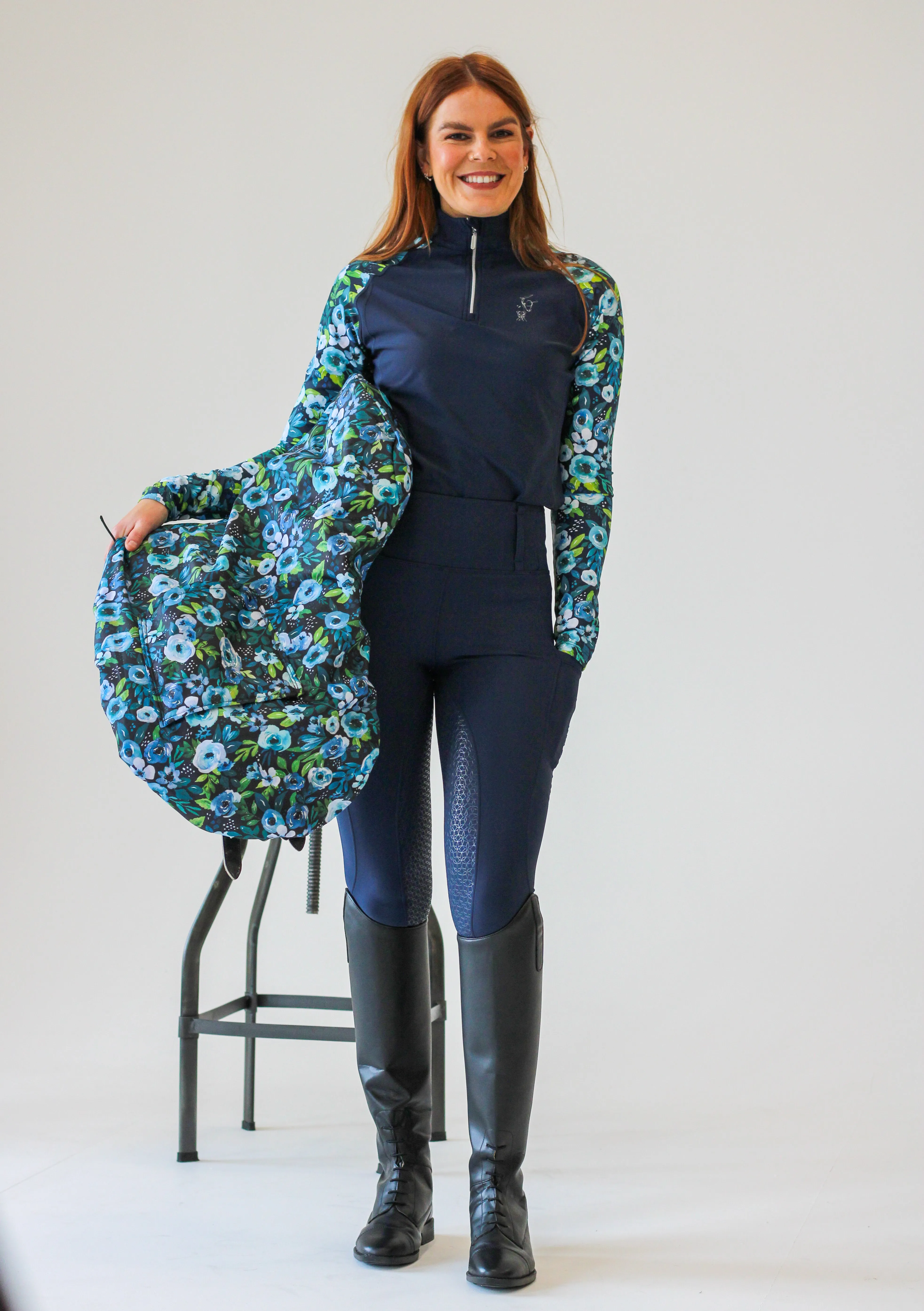 Full Seat Blue Peony Riding Leggings- Navy