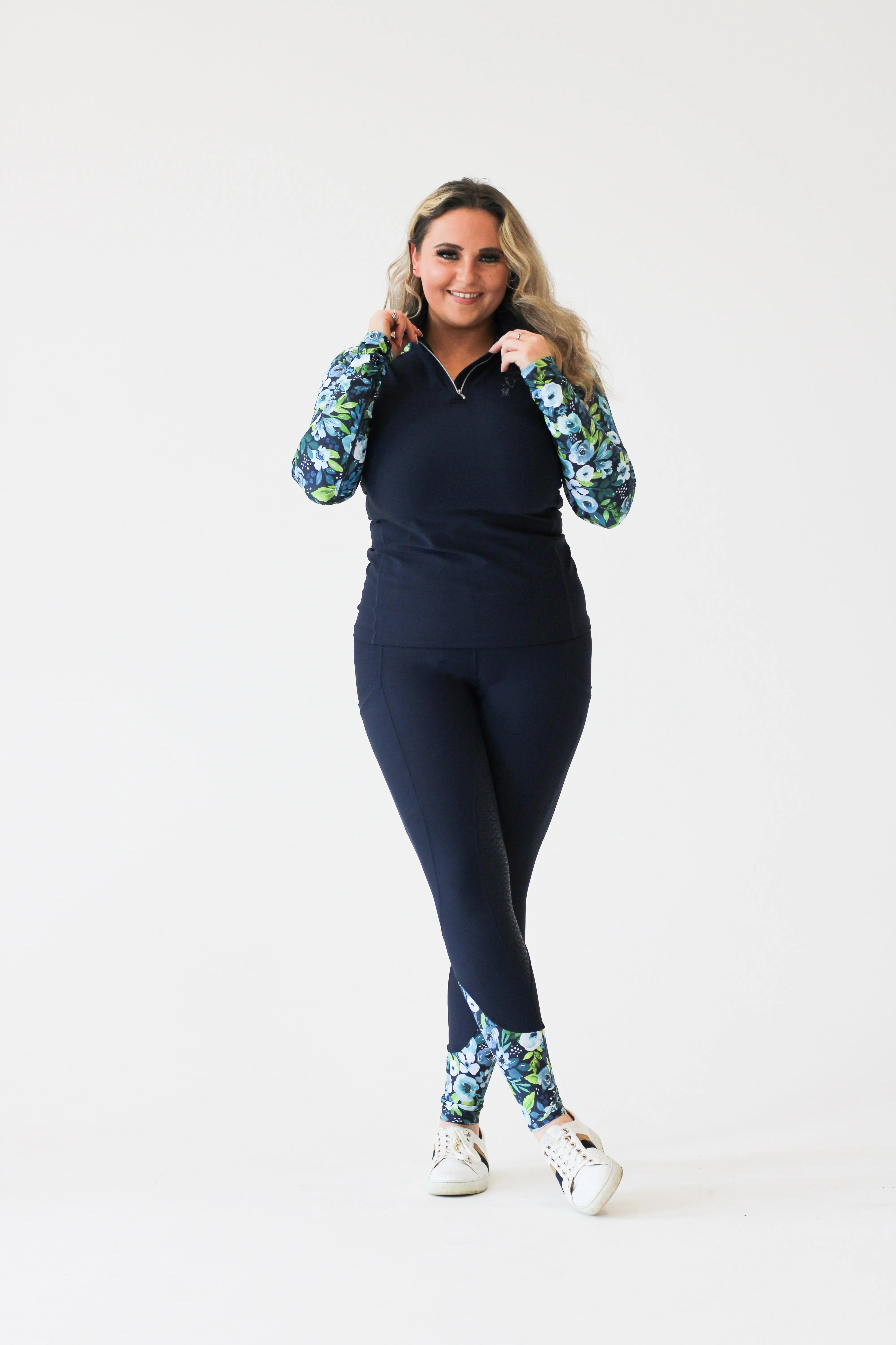 Full Seat Blue Peony Riding Leggings- Navy