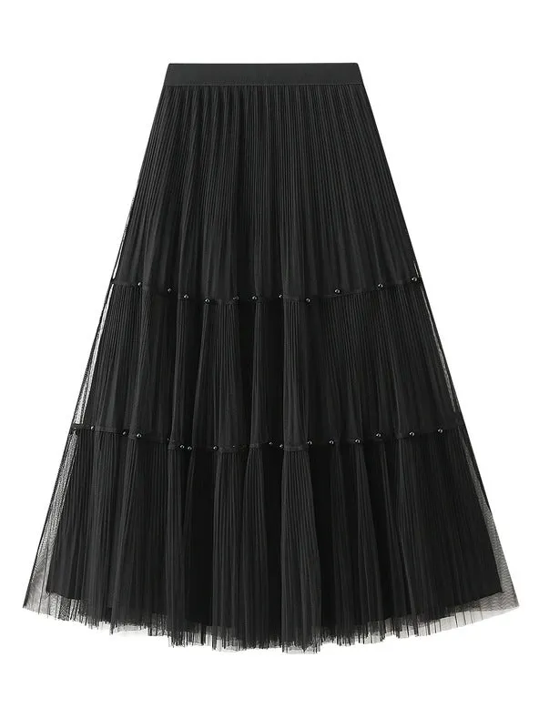 High Waist Pleated Beaded Gauze Skirt On both Sides
