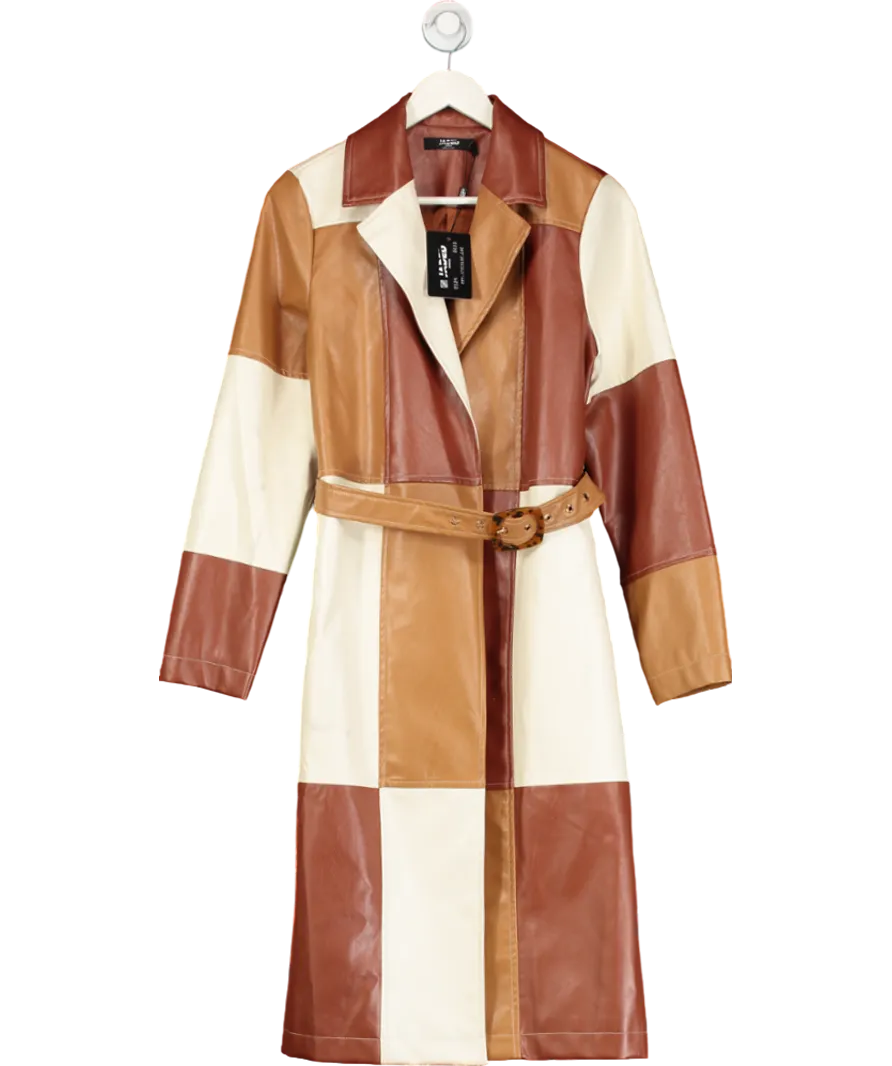 Jaded London Brown Patchwork Vegan Leather Belted Trench Coat UK 8