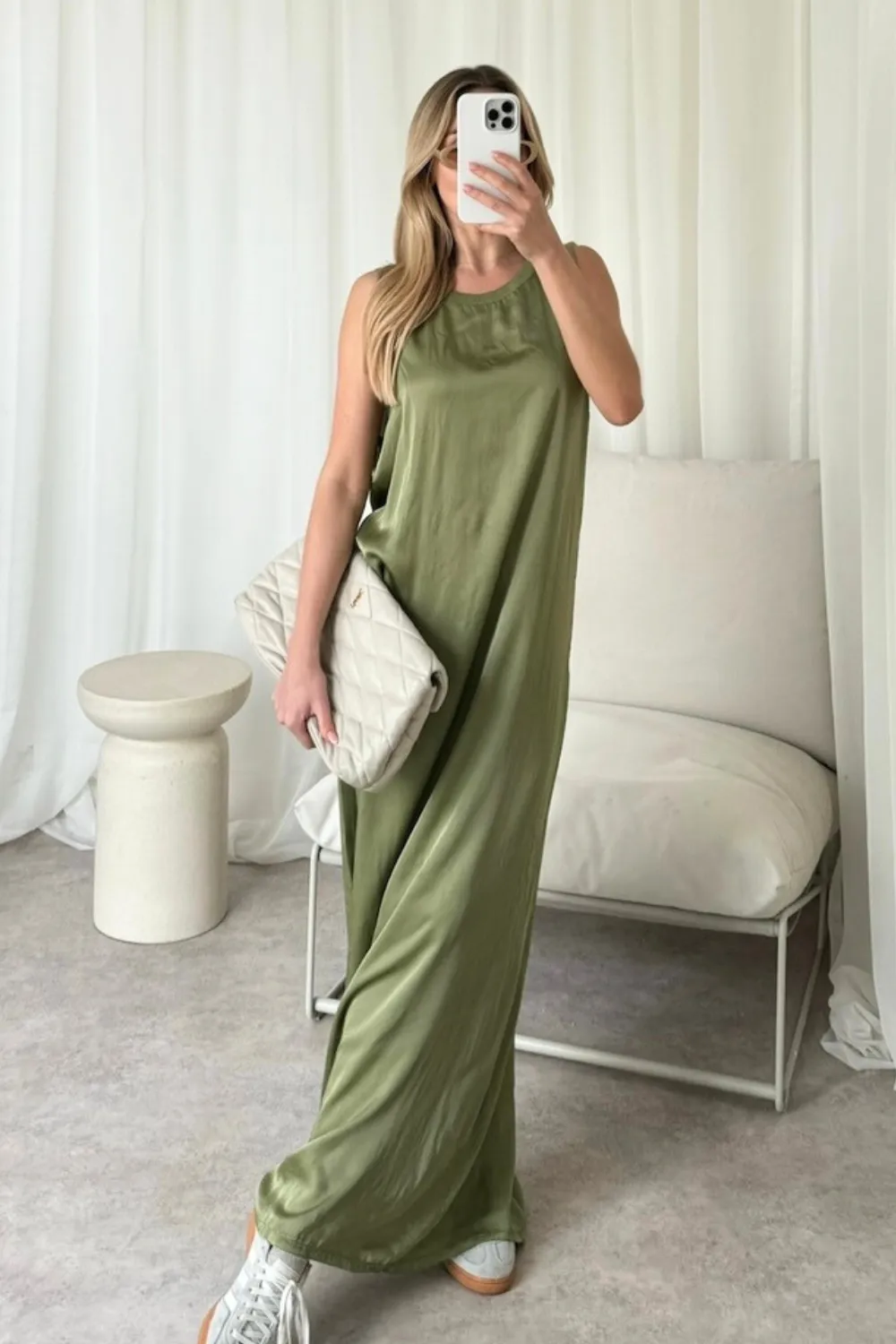 Jemma khaki satin loose fit maxi dress