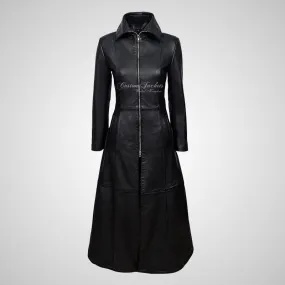 LILA Ladies Full Length Leather Flare Coat Black