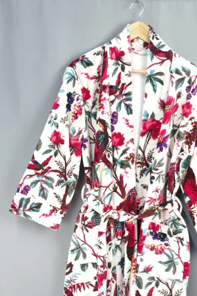 Luxury White Tropical Bird Velvet Kimono Boho Robe With Lining.