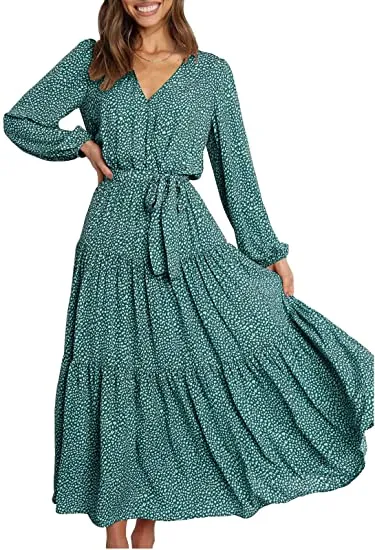 MAXI DRESS TIE WAIST BOHO CHIFFON FLOWY LONG DRESS