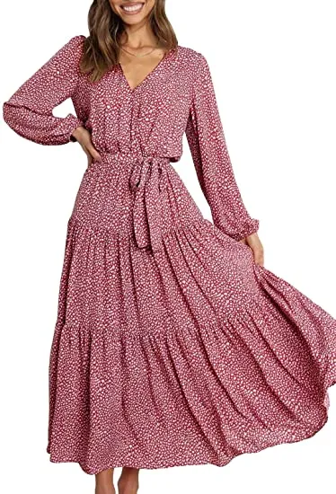 MAXI DRESS TIE WAIST BOHO CHIFFON FLOWY LONG DRESS
