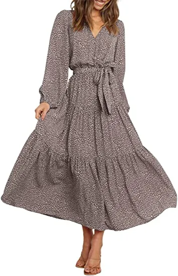 MAXI DRESS TIE WAIST BOHO CHIFFON FLOWY LONG DRESS