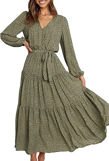 MAXI DRESS TIE WAIST BOHO CHIFFON FLOWY LONG DRESS