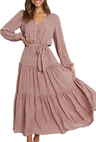 MAXI DRESS TIE WAIST BOHO CHIFFON FLOWY LONG DRESS