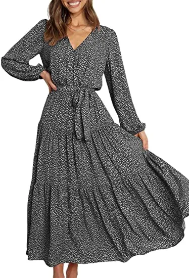 MAXI DRESS TIE WAIST BOHO CHIFFON FLOWY LONG DRESS