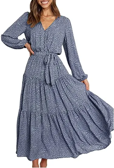 MAXI DRESS TIE WAIST BOHO CHIFFON FLOWY LONG DRESS