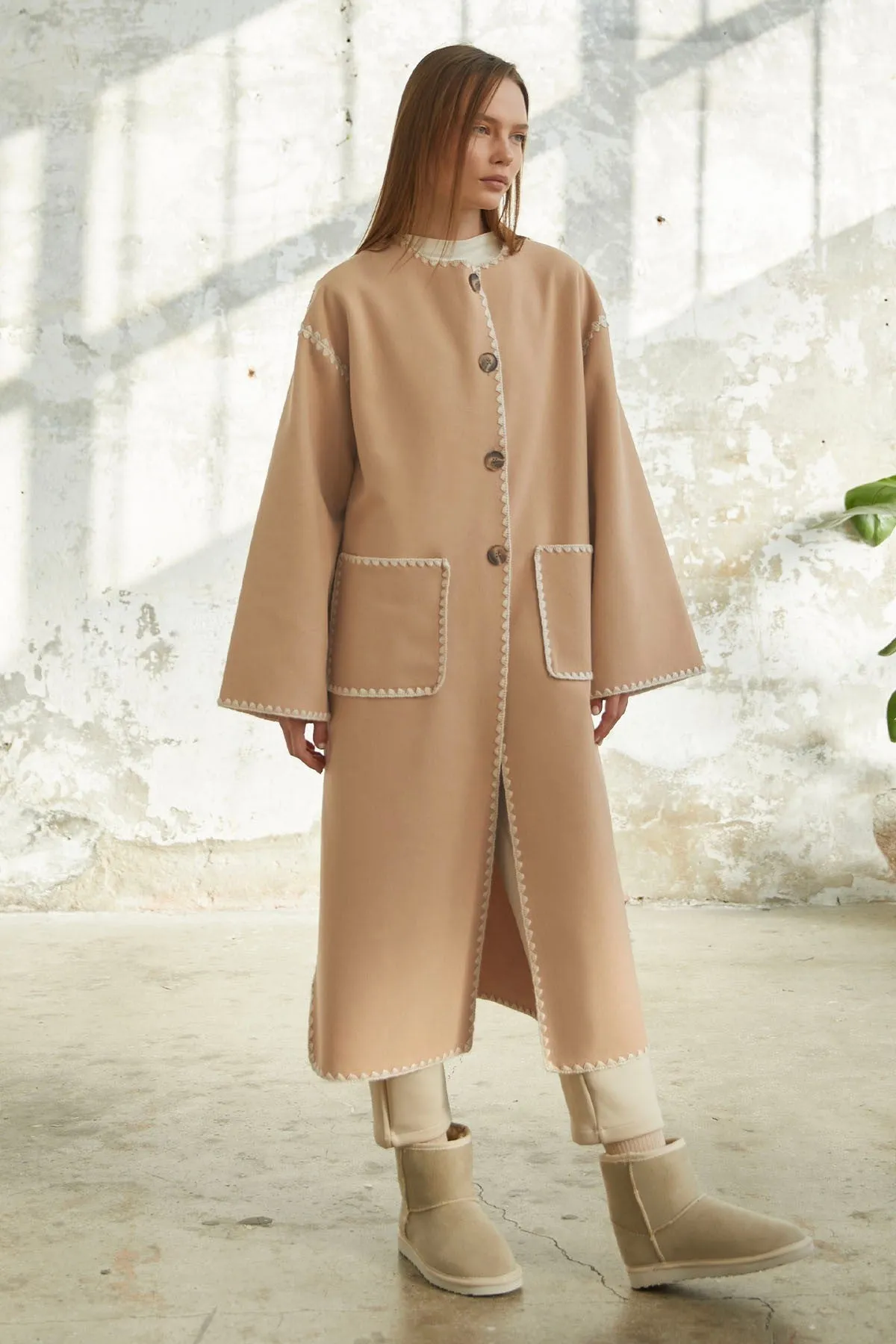 MDS Women Collared Pocketed Wool Blend Long Coat - Beige - Coral Gables