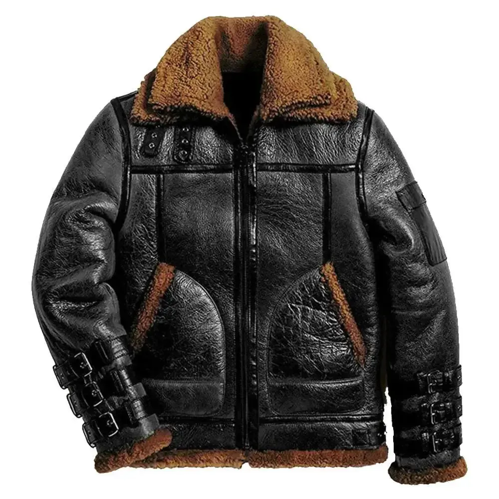 Men Aviator RAF B3 Shearling Bomber Black Leather Pilot Jacket