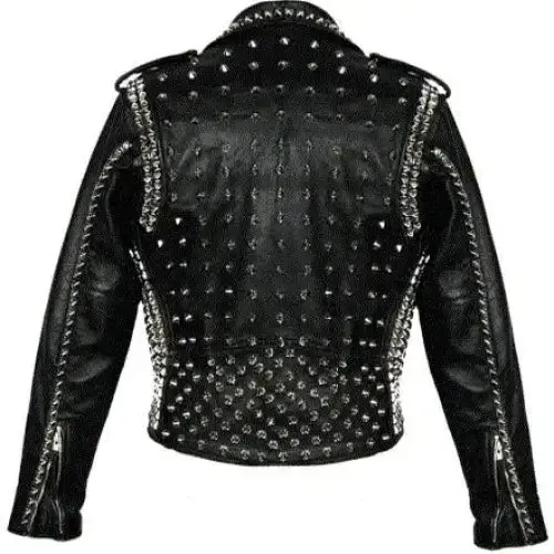 Men's Black Studded Leather Biker Jacket with Belt and Silver Accents