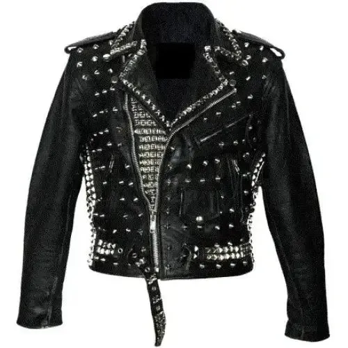 Men's Black Studded Leather Biker Jacket with Belt and Silver Accents