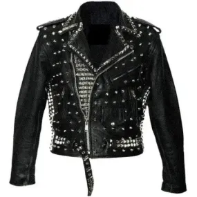 Men's Black Studded Leather Biker Jacket with Belt and Silver Accents