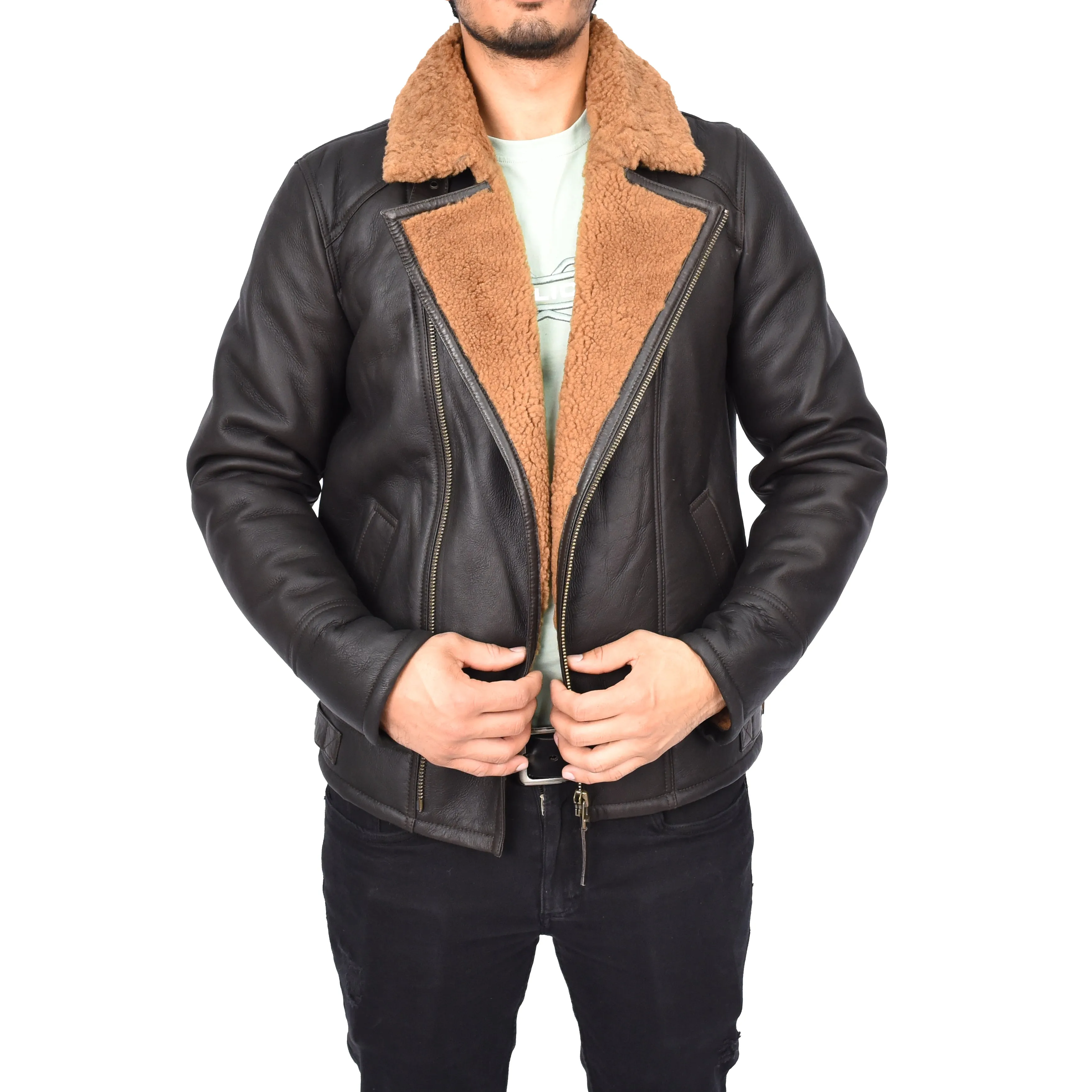Men's Classic Real Sheepskin Aviator Jacket Brown Olsen