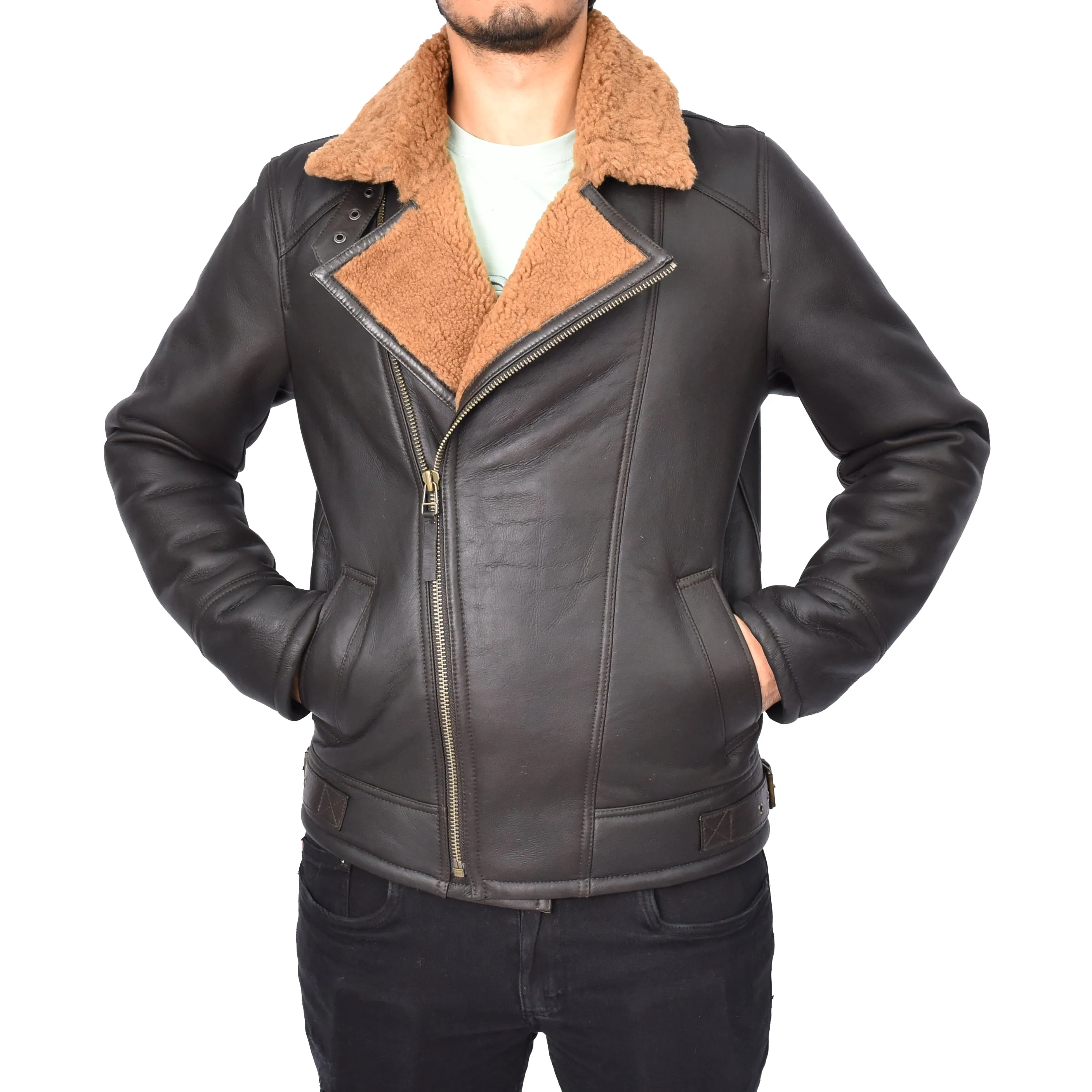 Men's Classic Real Sheepskin Aviator Jacket Brown Olsen