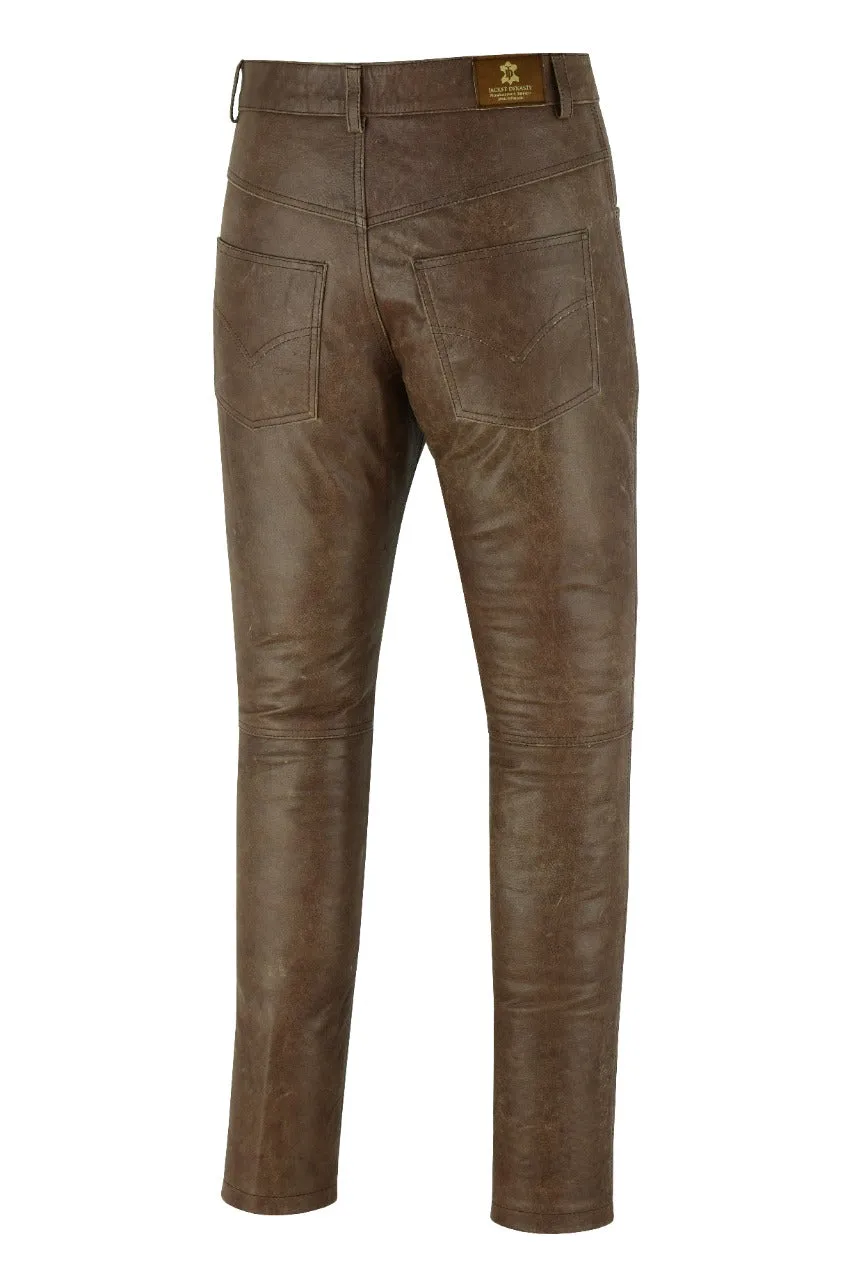 MENS VINTAGE DISTRESSED BROWN LEATHER COWHIDE MOTORCYCLE JEANS TROUSERS