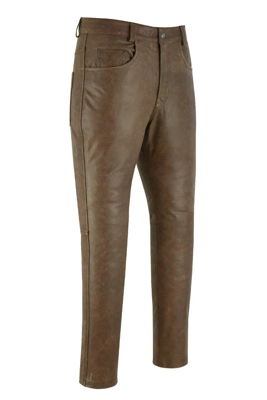 MENS VINTAGE DISTRESSED BROWN LEATHER COWHIDE MOTORCYCLE JEANS TROUSERS
