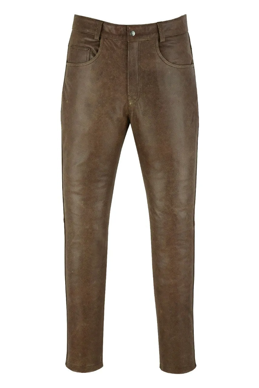 MENS VINTAGE DISTRESSED BROWN LEATHER COWHIDE MOTORCYCLE JEANS TROUSERS