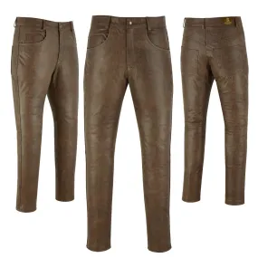 MENS VINTAGE DISTRESSED BROWN LEATHER COWHIDE MOTORCYCLE JEANS TROUSERS